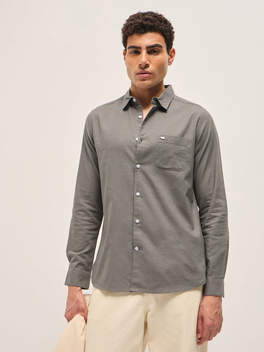 Grey Cotton Linen Slim Fit Solid Casual Shirt