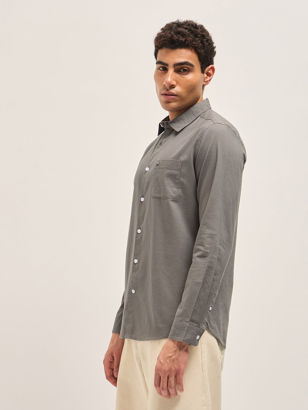 Grey Cotton Linen Slim Fit Solid Casual Shirt