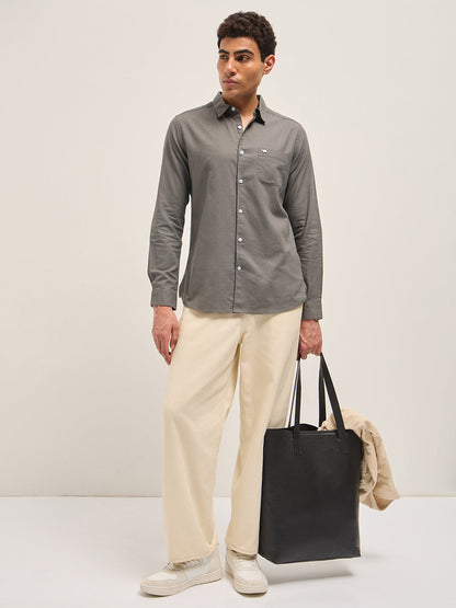Grey Cotton Linen Slim Fit Solid Casual Shirt
