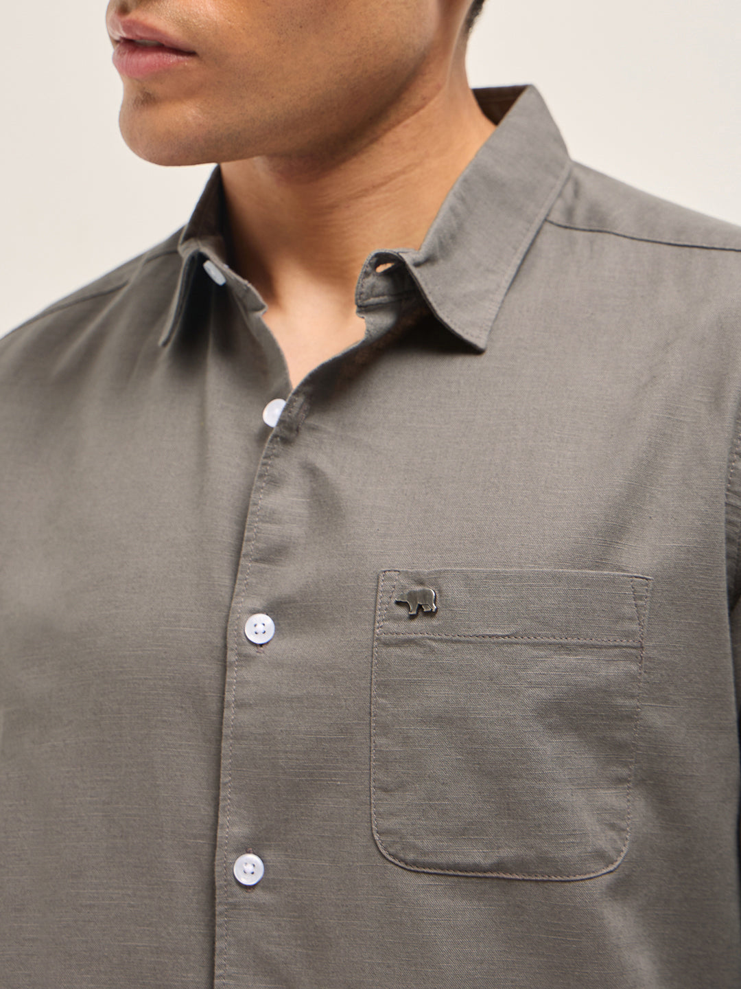 Grey Cotton Linen Slim Fit Solid Casual Shirt