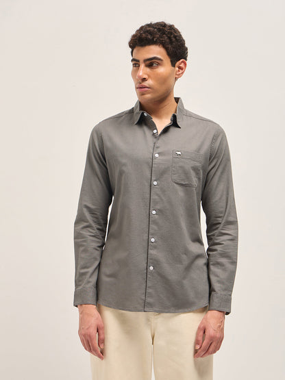 Grey Cotton Linen Slim Fit Solid Casual Shirt