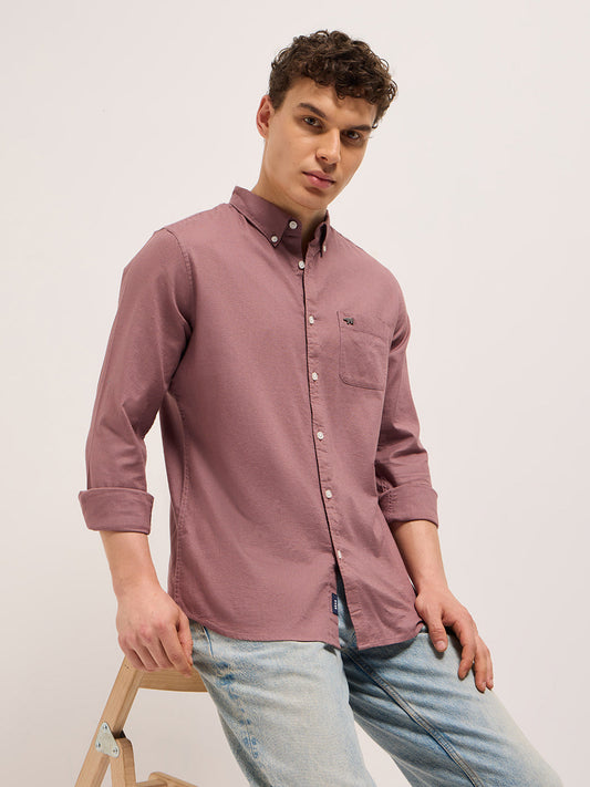 Pink Cotton Solid Slim Fit Casual Shirt
