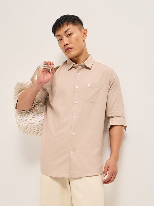 Peach Cotton Linen Slim Fit Solid Casual Shirt