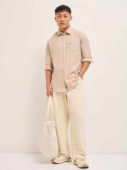 Peach Cotton Linen Slim Fit Solid Casual Shirt