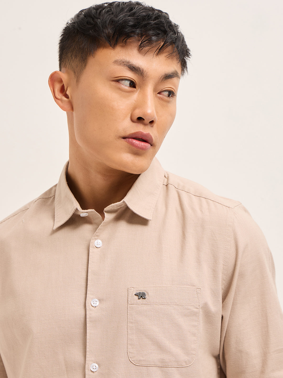 Peach Cotton Linen Slim Fit Solid Casual Shirt