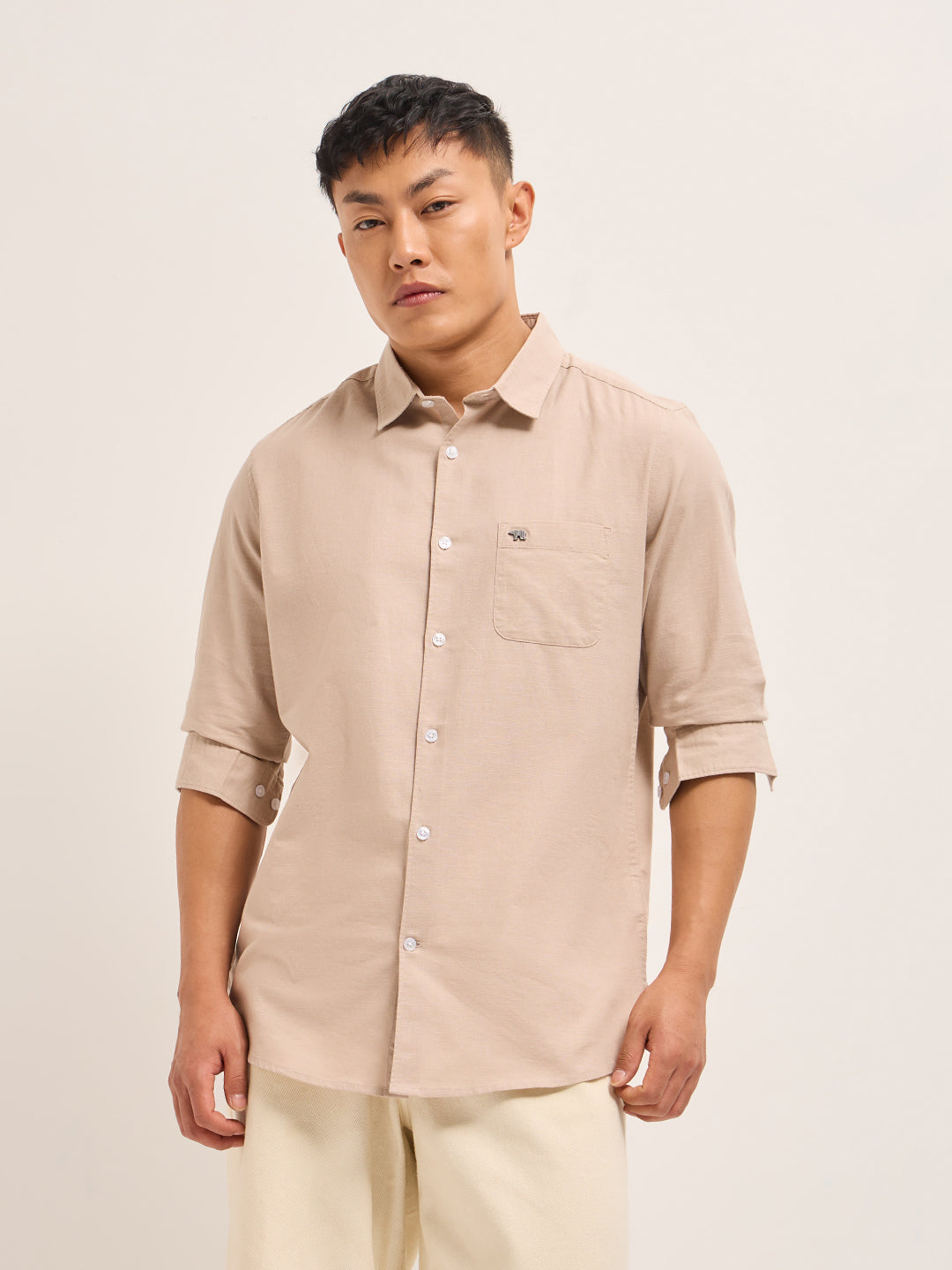 Peach Cotton Linen Slim Fit Solid Casual Shirt