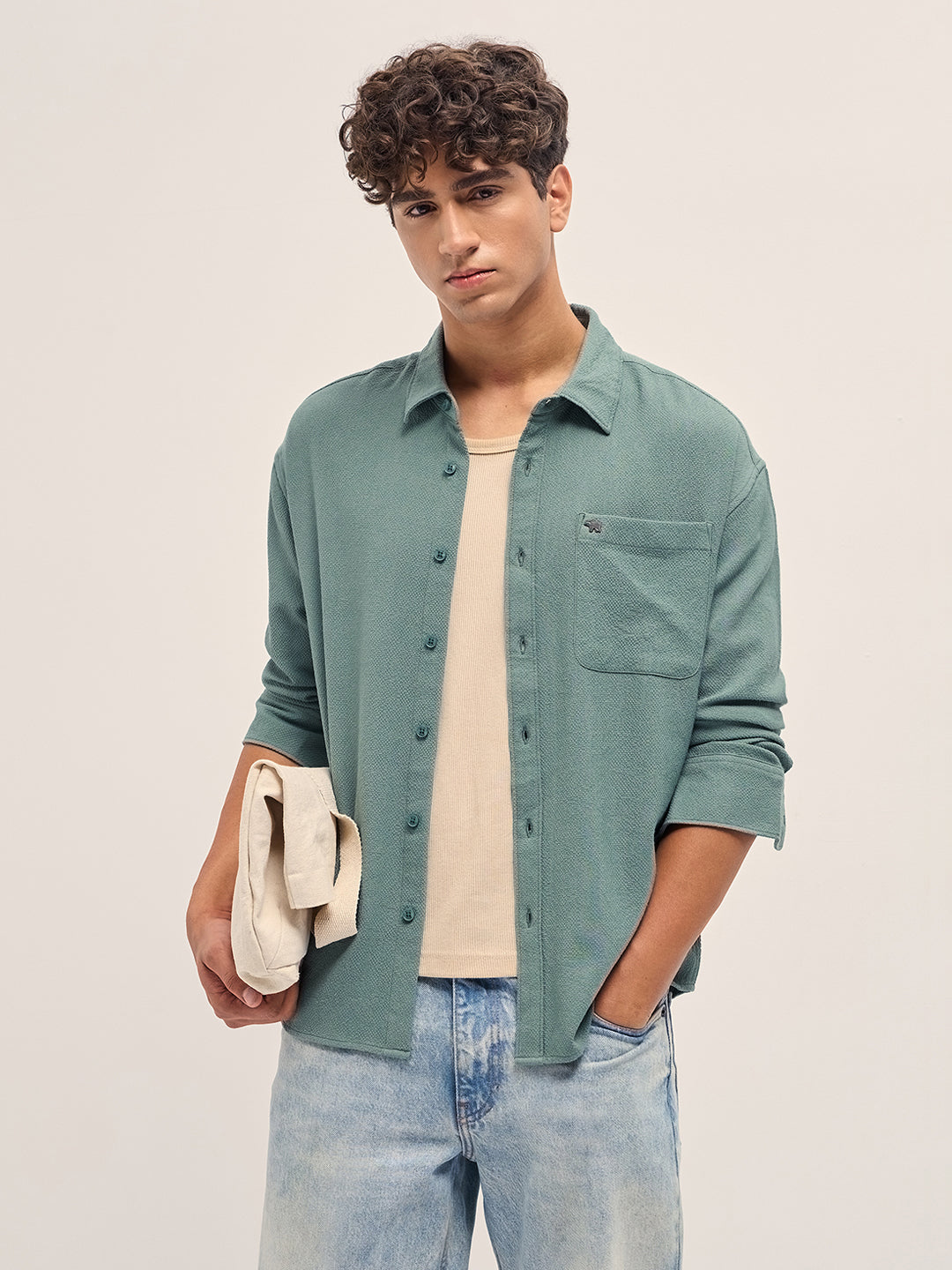 Green Woven Textured Relaxed Fit Casual Shirt