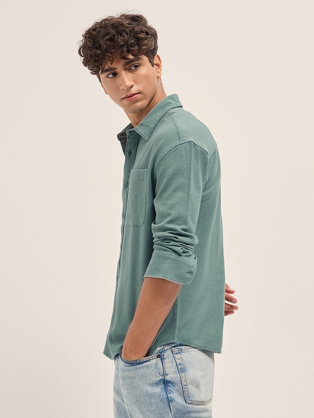 Green Woven Textured Relaxed Fit Casual Shirt