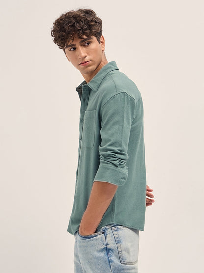 Green Woven Textured Relaxed Fit Casual Shirt