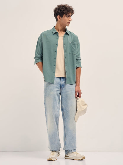 Green Woven Textured Relaxed Fit Casual Shirt