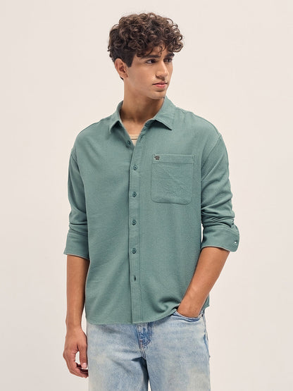 Green Woven Textured Relaxed Fit Casual Shirt
