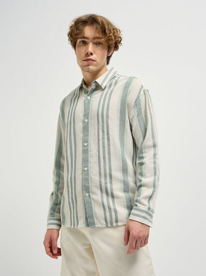 Beige with Green Stripe Relax Fit Casual Shirt