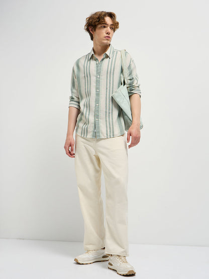 Beige with Green Stripe Relax Fit Casual Shirt