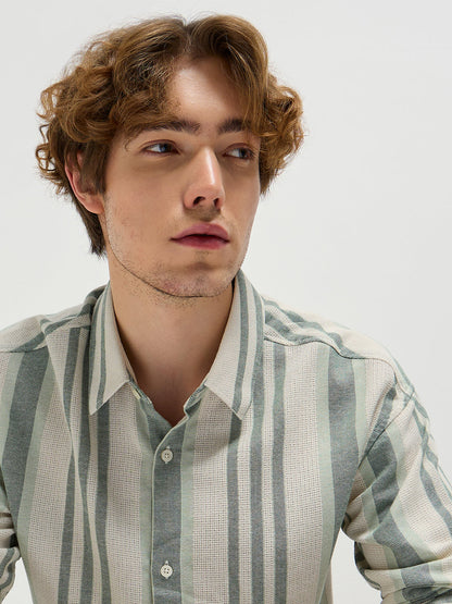 Beige with Green Stripe Relax Fit Casual Shirt