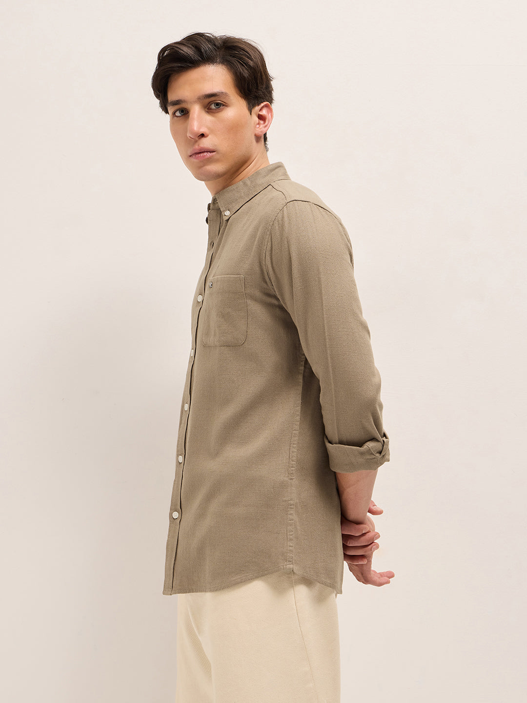 Beige Solid Slim Fit Cotton Casual Shirt with Button-Down Collar