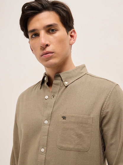 Beige Solid Slim Fit Cotton Casual Shirt with Button-Down Collar
