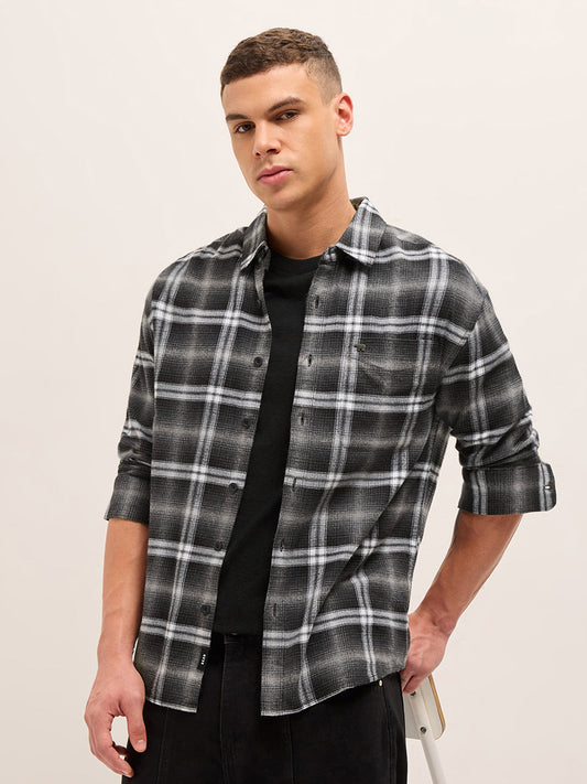 Black Flannel Woven Checks Relaxed Fit Casual Shirt