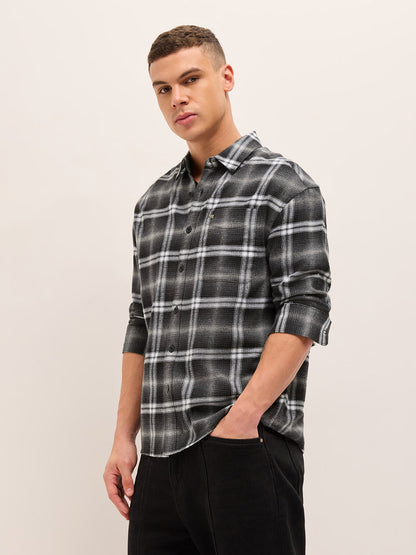 Black Flannel Woven Checks Relaxed Fit Casual Shirt