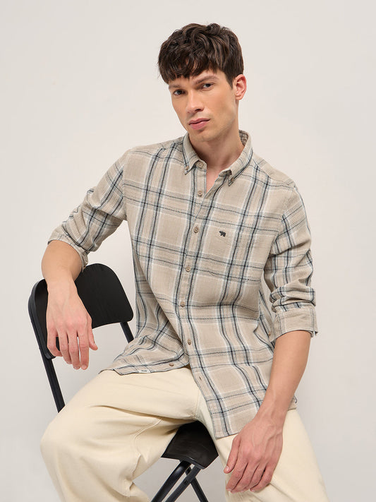 Beige Cotton Check Slim Fit Casual Shirt