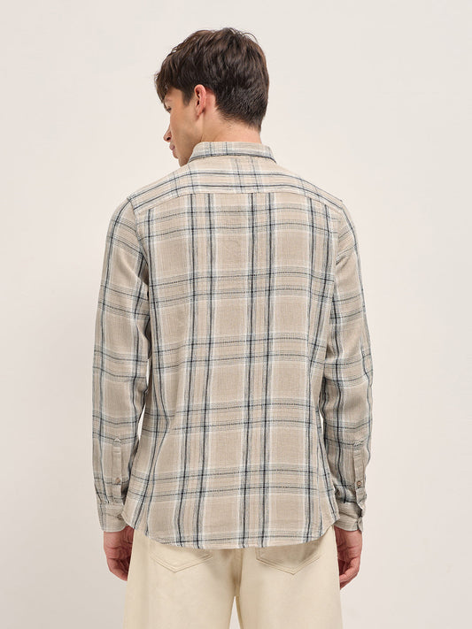 Beige Cotton Check Slim Fit Casual Shirt