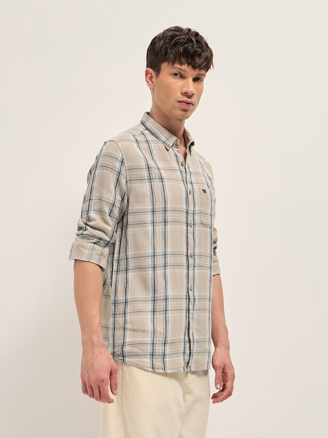 Beige Cotton Check Slim Fit Casual Shirt