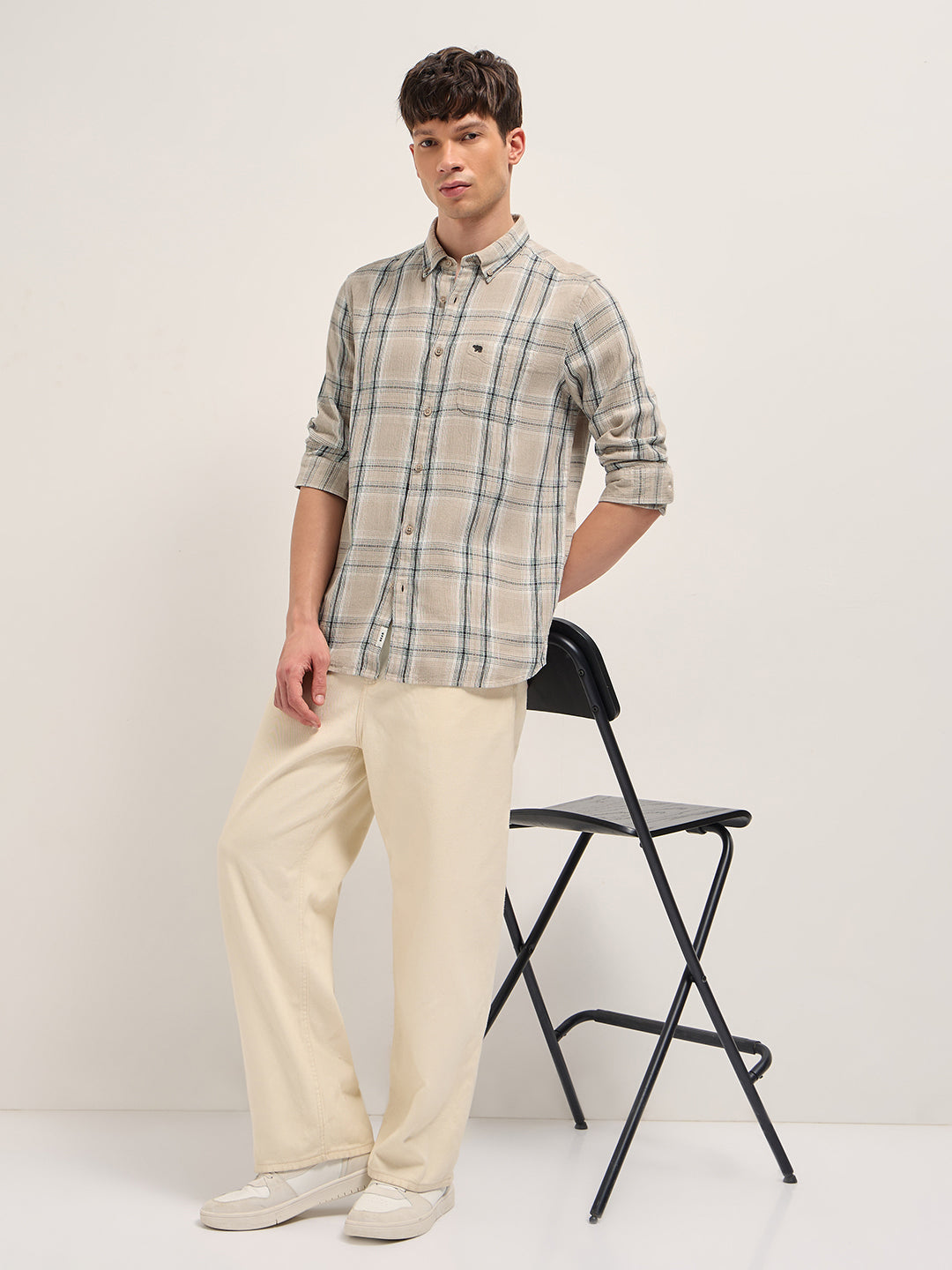 Beige Cotton Check Slim Fit Casual Shirt
