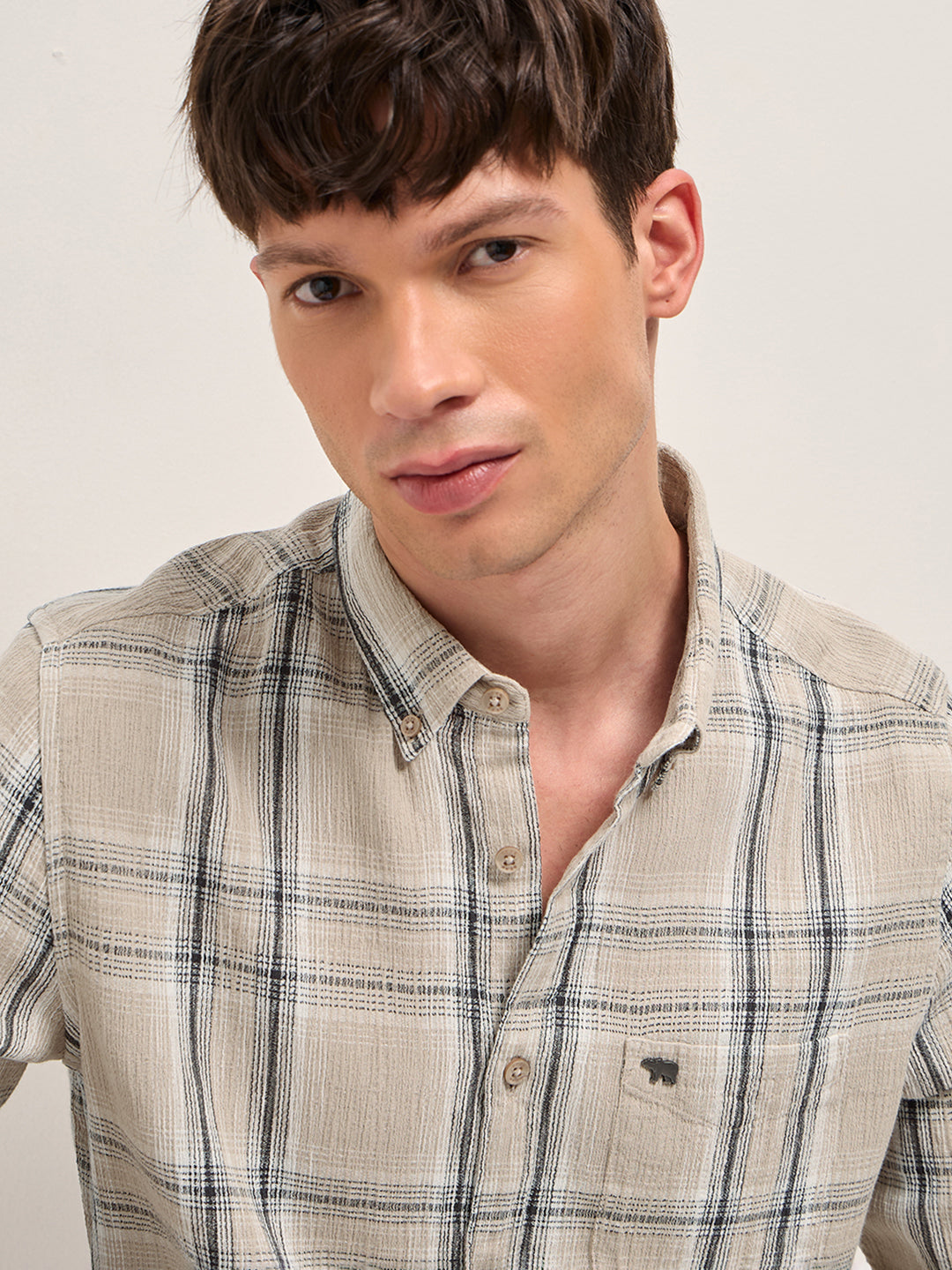 Beige Cotton Check Slim Fit Casual Shirt