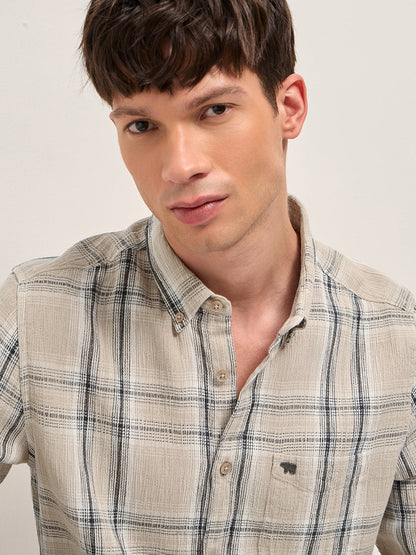 Beige Cotton Check Slim Fit Casual Shirt