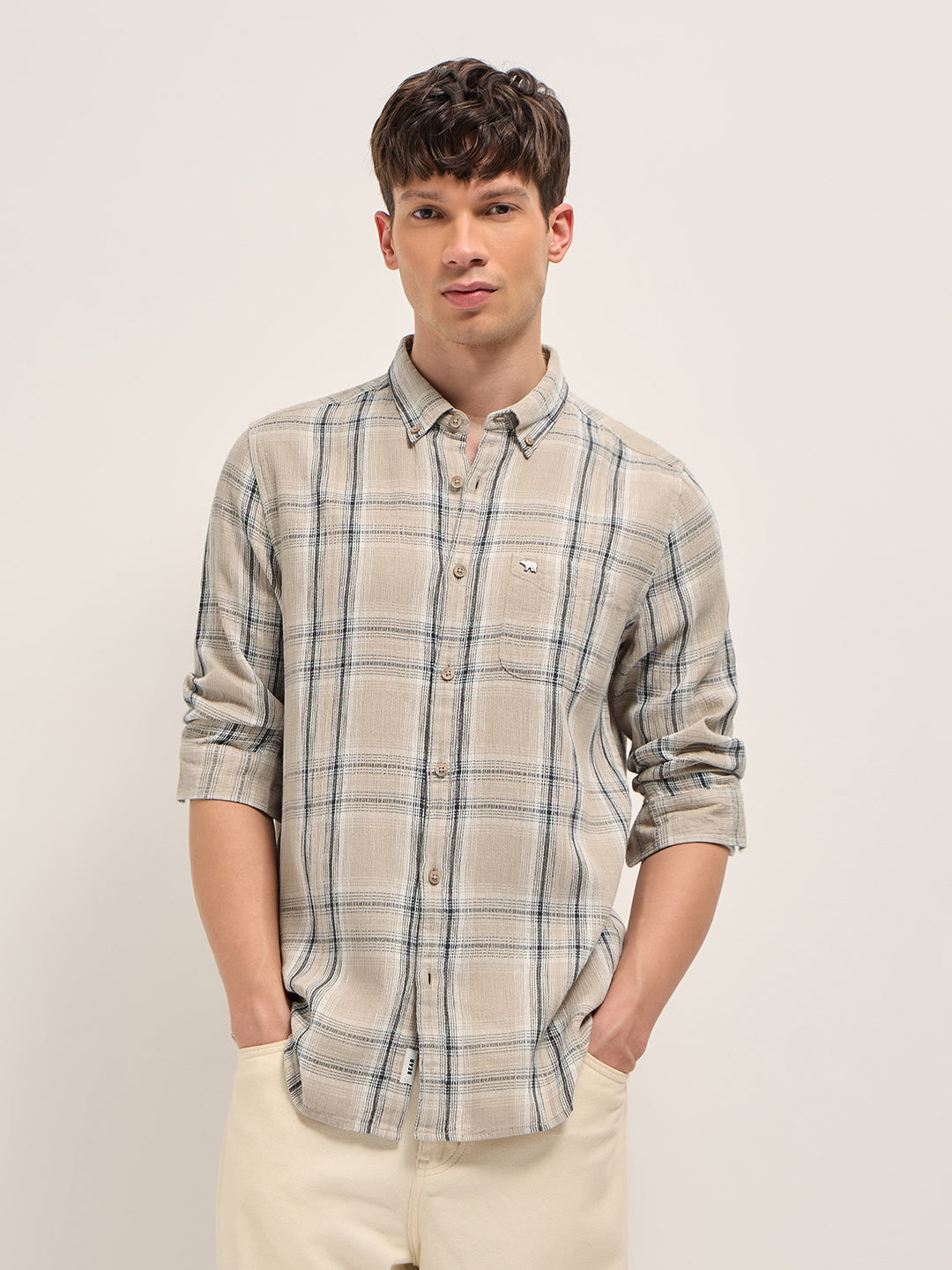 Beige Cotton Check Slim Fit Casual Shirt