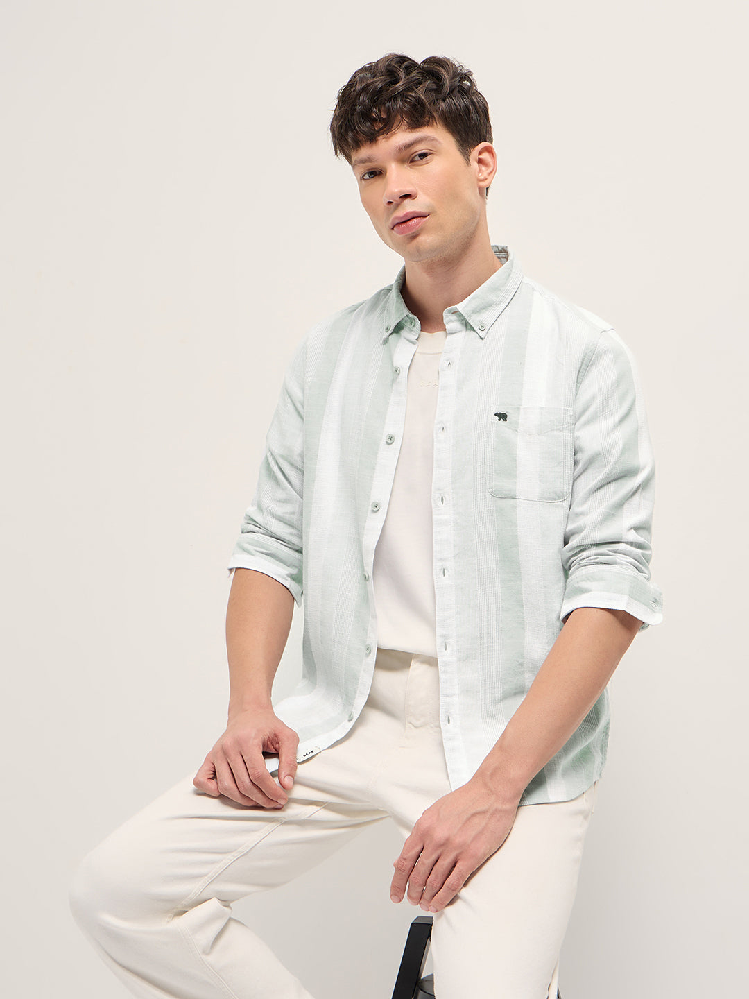 Light Green Textured Woven Stripe Slim Fit Cotton Casual Shirt