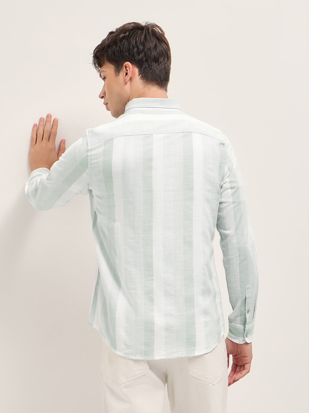Light Green Textured Woven Stripe Slim Fit Cotton Casual Shirt
