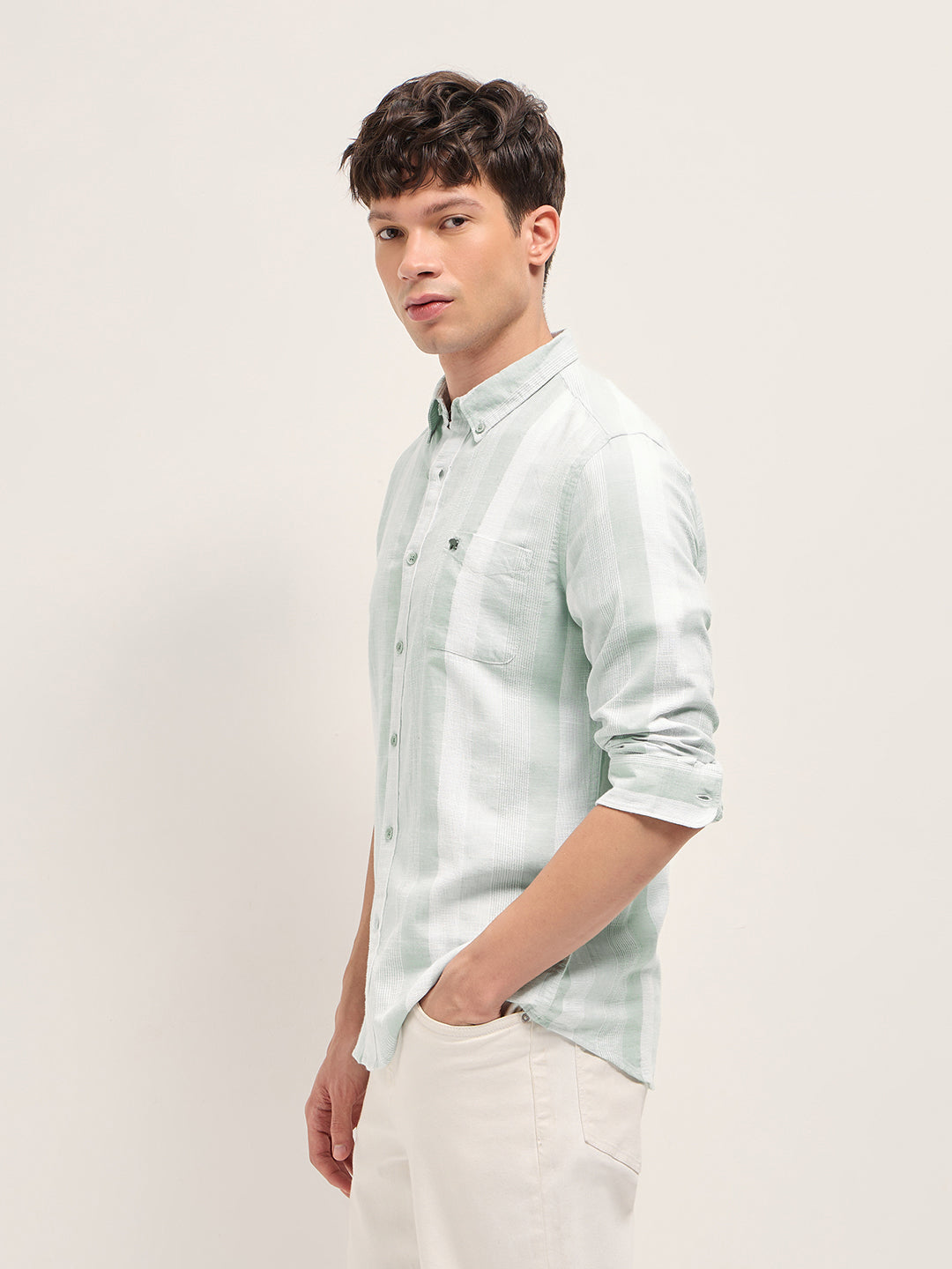 Light Green Textured Woven Stripe Slim Fit Cotton Casual Shirt