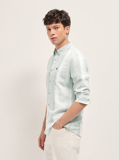 Light Green Textured Woven Stripe Slim Fit Cotton Casual Shirt