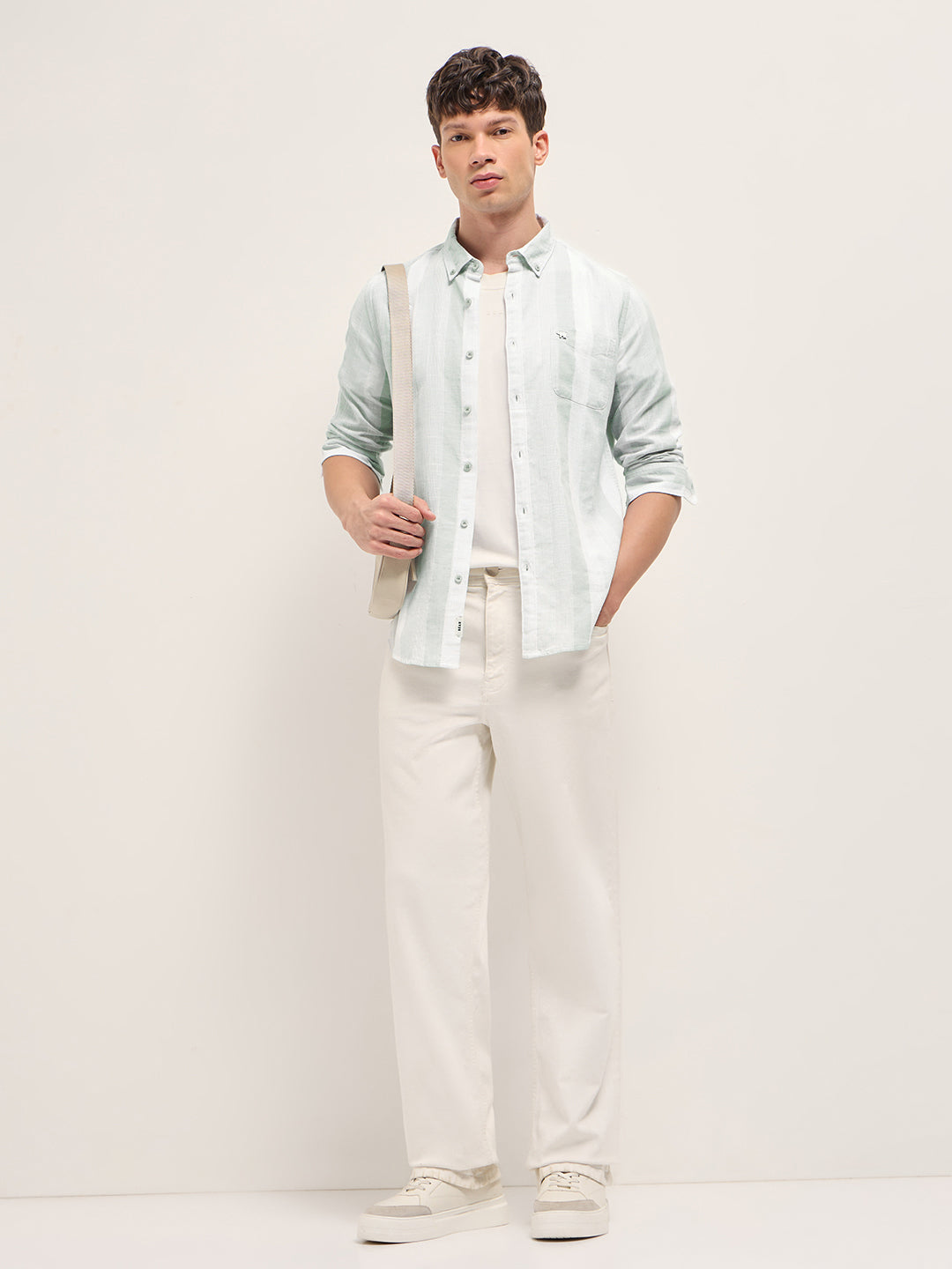 Light Green Textured Woven Stripe Slim Fit Cotton Casual Shirt