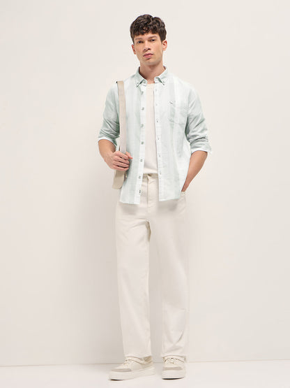 Light Green Textured Woven Stripe Slim Fit Cotton Casual Shirt
