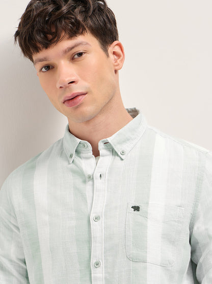 Light Green Textured Woven Stripe Slim Fit Cotton Casual Shirt