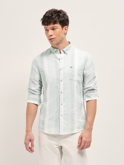Light Green Textured Woven Stripe Slim Fit Cotton Casual Shirt