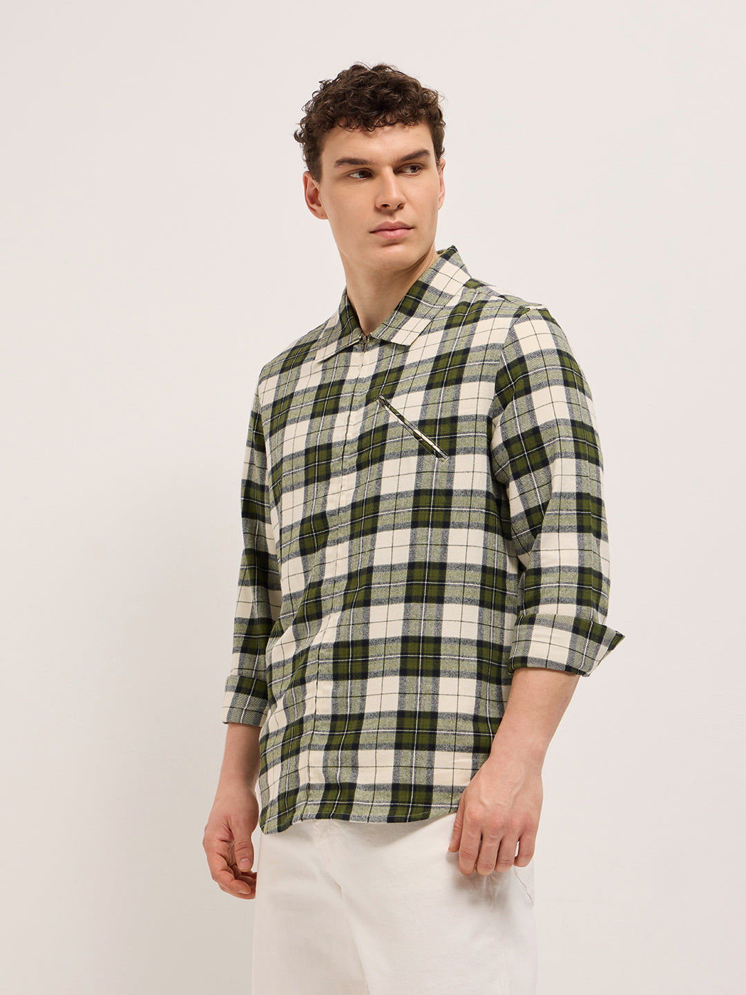 Multi-Color Tartan Checked Flannel Shacket with Zipper Closure