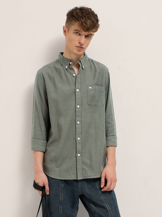 Olive Solid Slim Fit Cotton Casual Shirt with Button-Down Collar