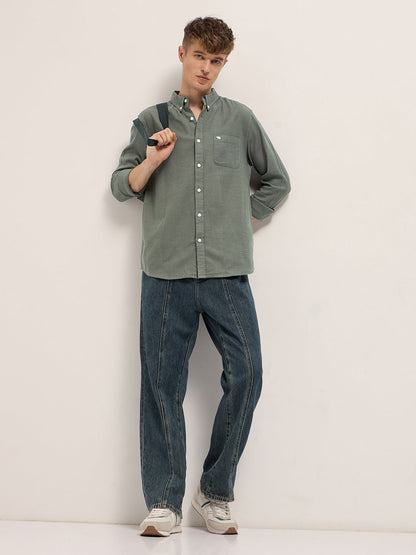Olive Solid Slim Fit Cotton Casual Shirt with Button-Down Collar
