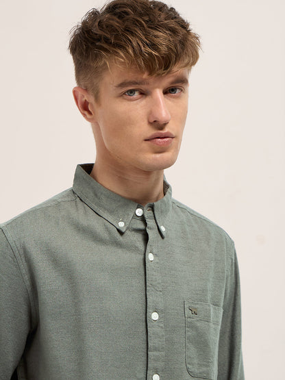 Olive Solid Slim Fit Cotton Casual Shirt with Button-Down Collar