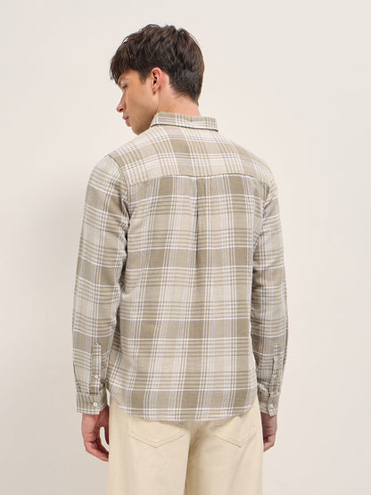Beige Slim Fit Flannel Checked Casual Shirt
