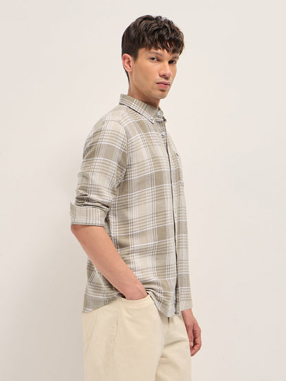 Beige Slim Fit Flannel Checked Casual Shirt