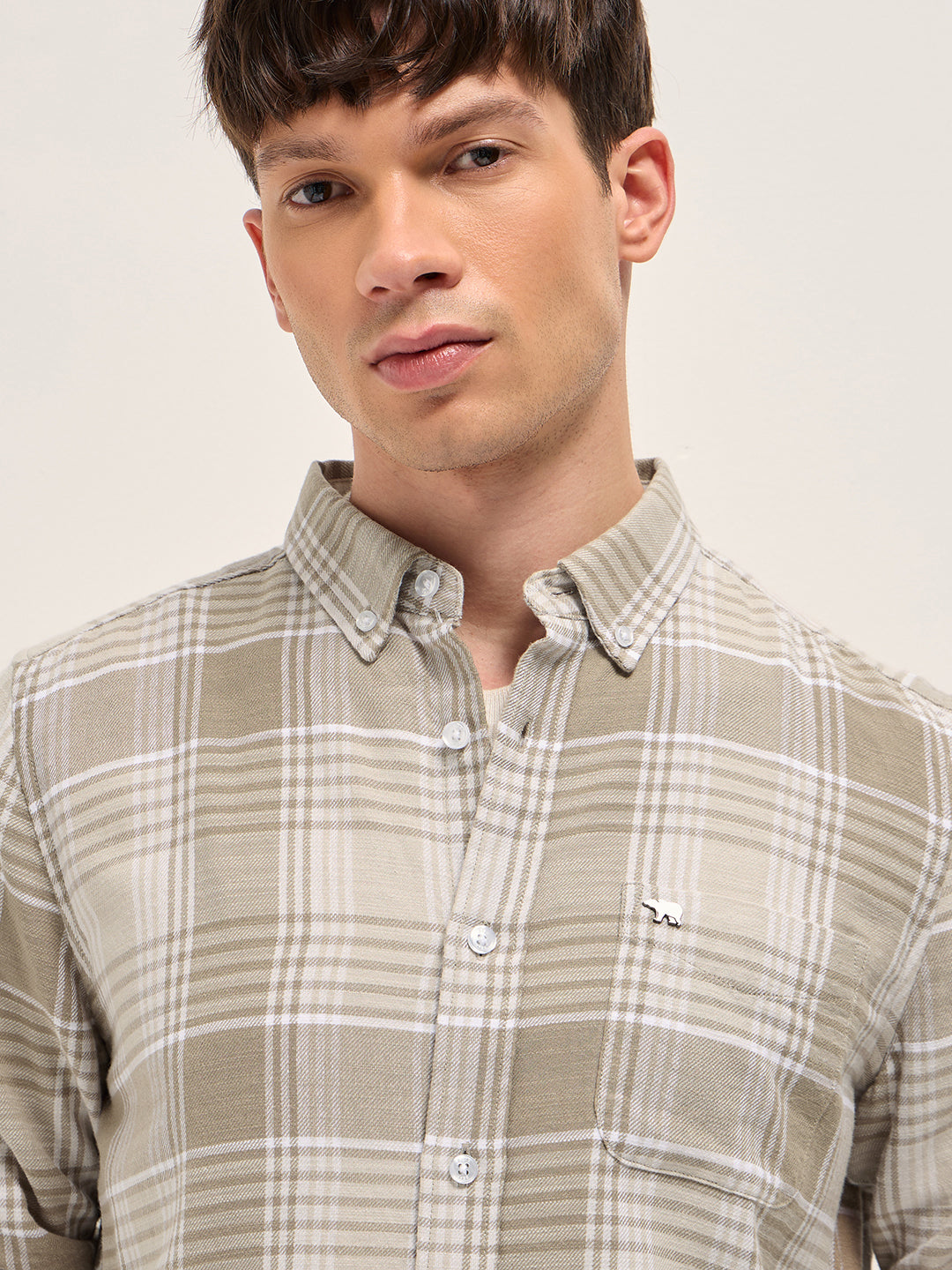 Beige Slim Fit Flannel Checked Casual Shirt