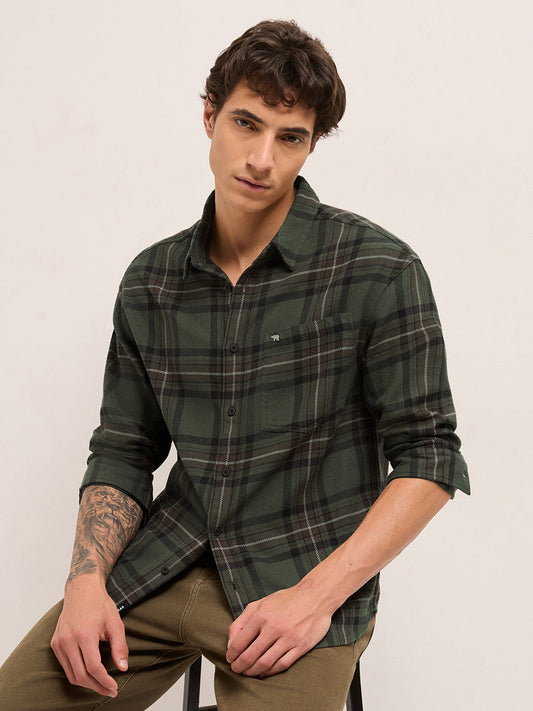 Olive Woven Tartan Checked Flannel Regular Fit Casual Shirt