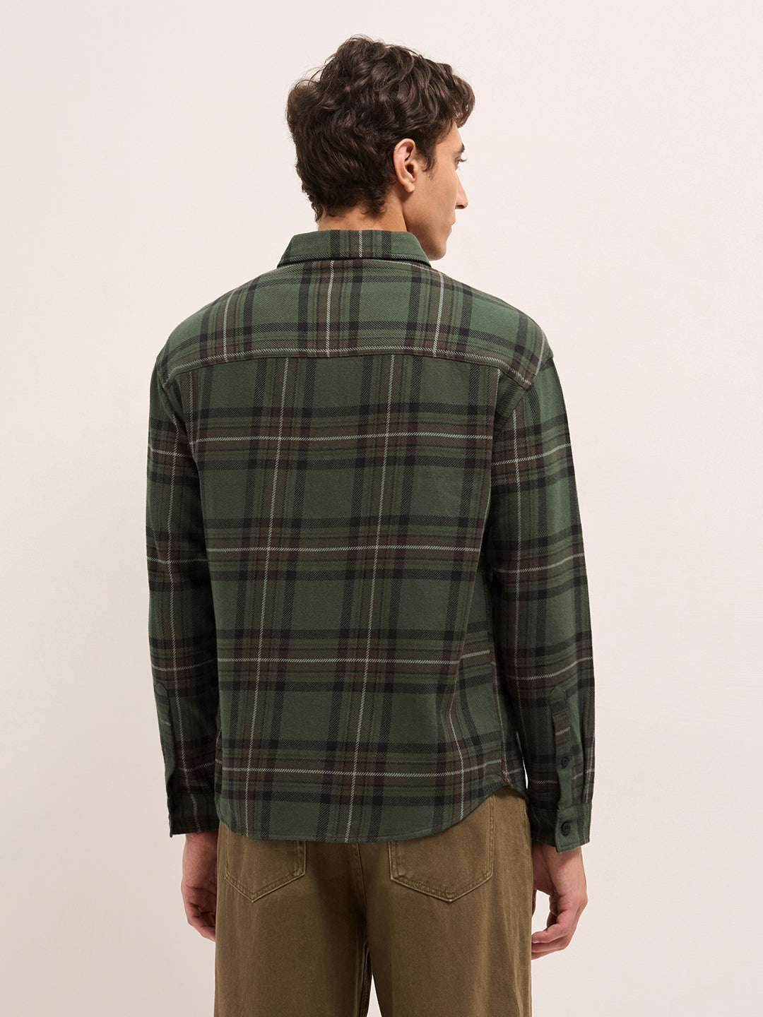 Olive Woven Tartan Checked Flannel Regular Fit Casual Shirt