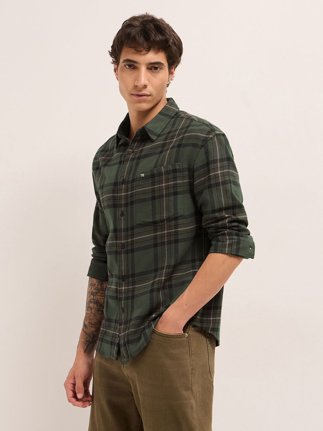 Olive Woven Tartan Checked Flannel Regular Fit Casual Shirt