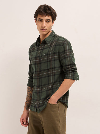 Olive Woven Tartan Checked Flannel Regular Fit Casual Shirt