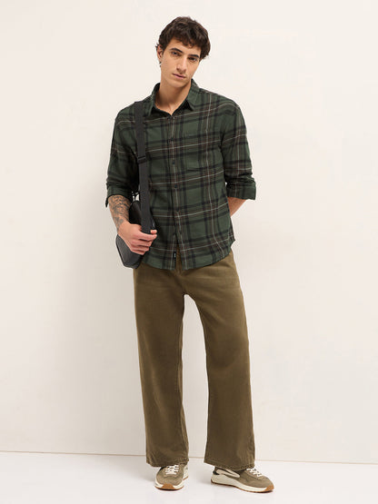 Olive Woven Tartan Checked Flannel Regular Fit Casual Shirt