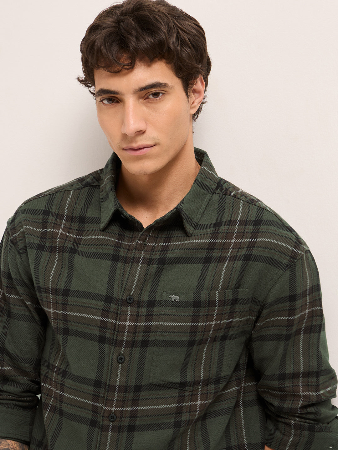 Olive Woven Tartan Checked Flannel Regular Fit Casual Shirt
